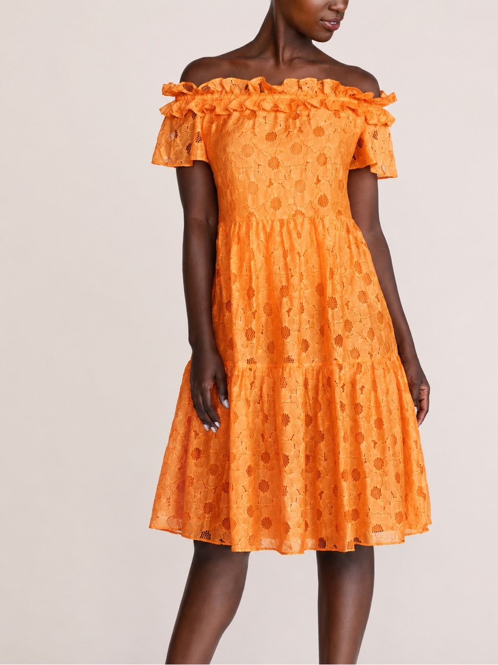 Trina Turk tangerine lace off the shoulder dress, small